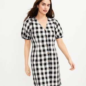 Loft black and white plaid gingham button front v neck fall midi dress